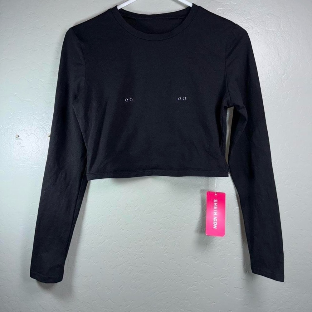 SHEIN ICON Black Cropped Long Sleeve Grommet Top NWT